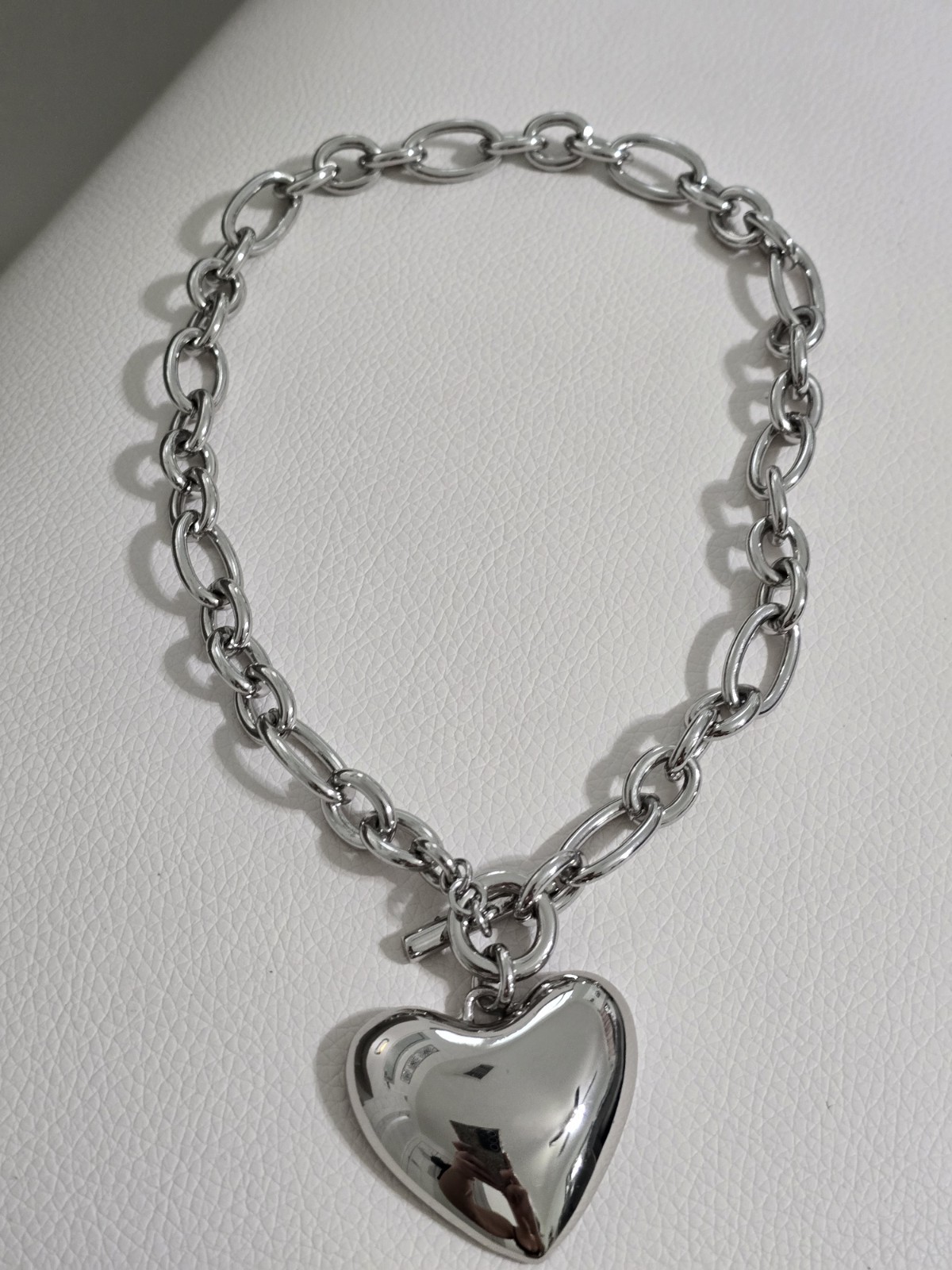 Silver Tone Oval Link Chain Necklace Heart Charm Pendant Toggle Clasp Love