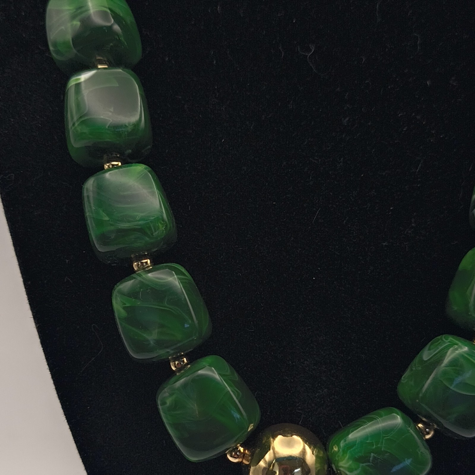 Green Beaded Statement Necklace Gold Tone Square Simulated Adjustable Lobster