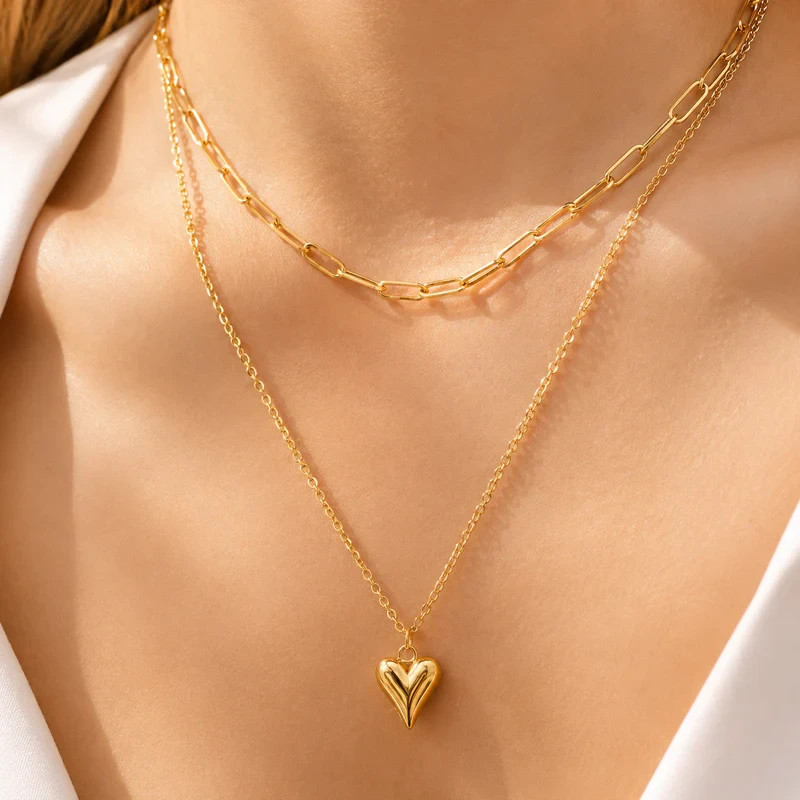 Puffy Heart Layered Necklace 18K Gold Plated Paperclip Chain Set
