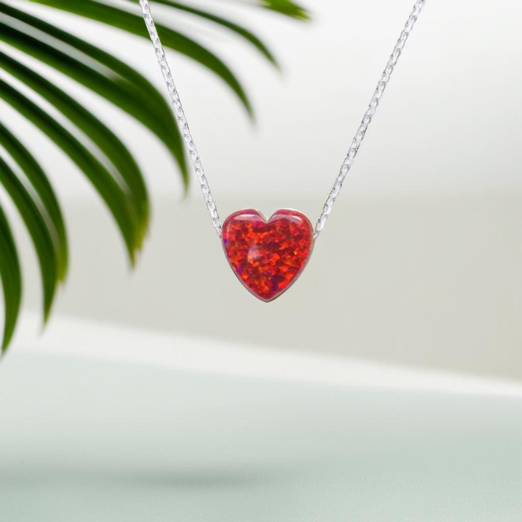 Heart Necklace Pendant Lab Created Opal 925 Sterling Silver Chain