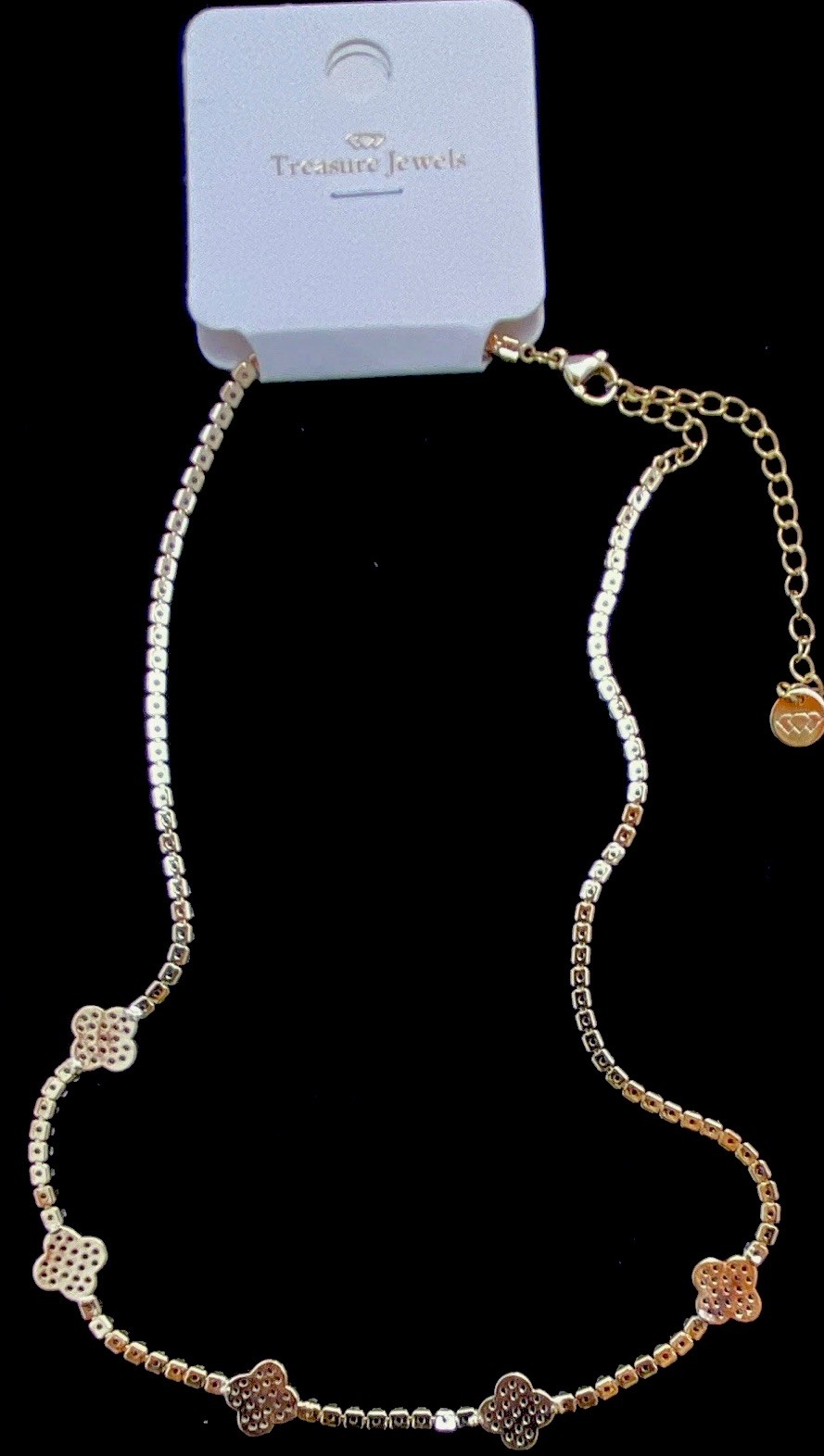 Treasure Jewels Gold Tone 5 Clover Station Necklace White Pavé CZ Alhambra Style