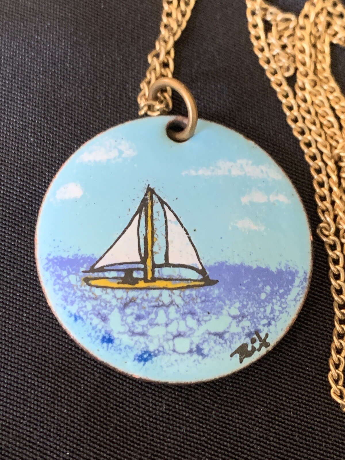 Vintage Great Britain 1964 Penny Pendant With Sailboat Enamel Art Signed 1 1/4″