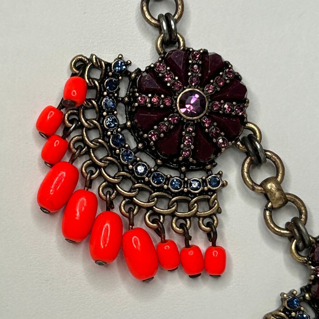 J Crew Necklace 18in +3 Brass Tone Neon Orange Bead Purple Crystals READ Flaw