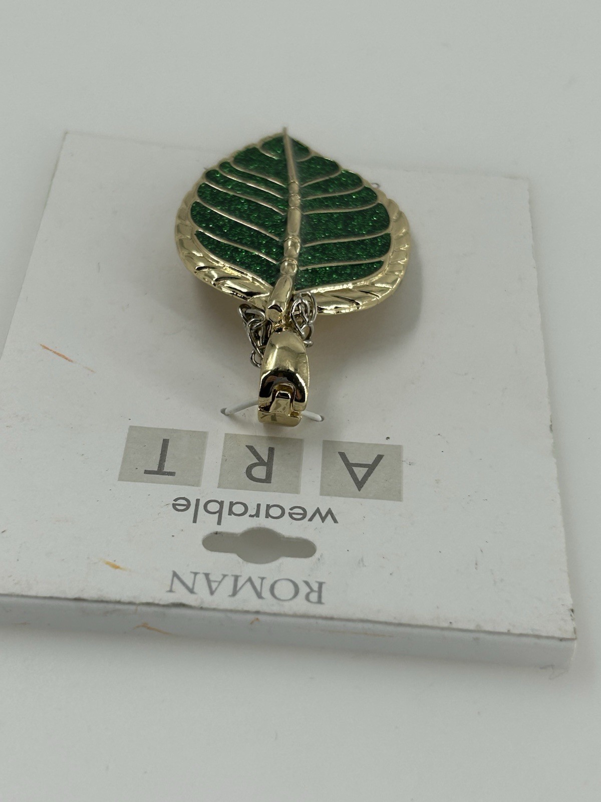 Roman Wearable Art Pendant Green Glitter Enamel Gold Tone 3 Inch
