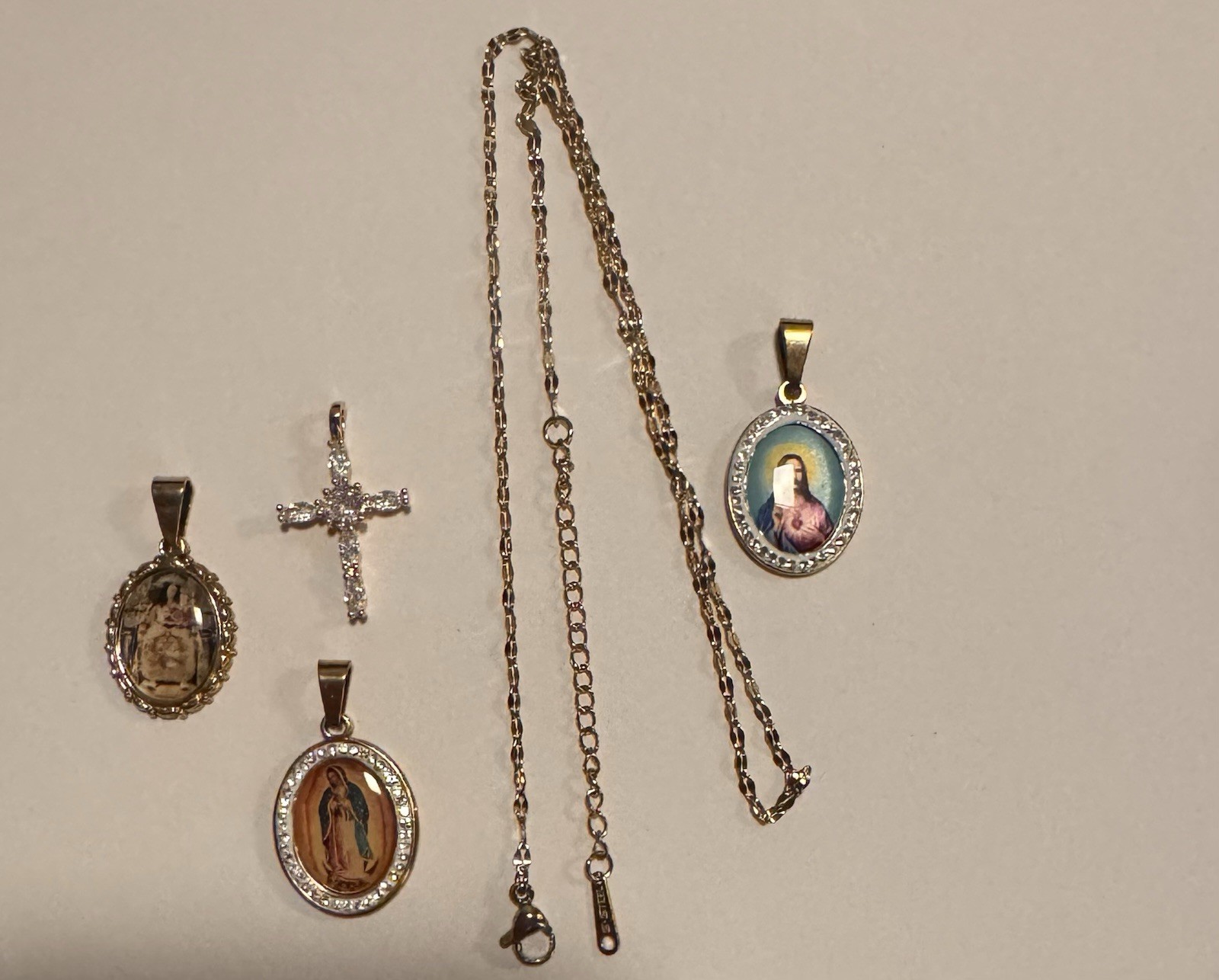 Lot Stainless steel stamped chain and pendants Jesus cross Virgin Mary gift set