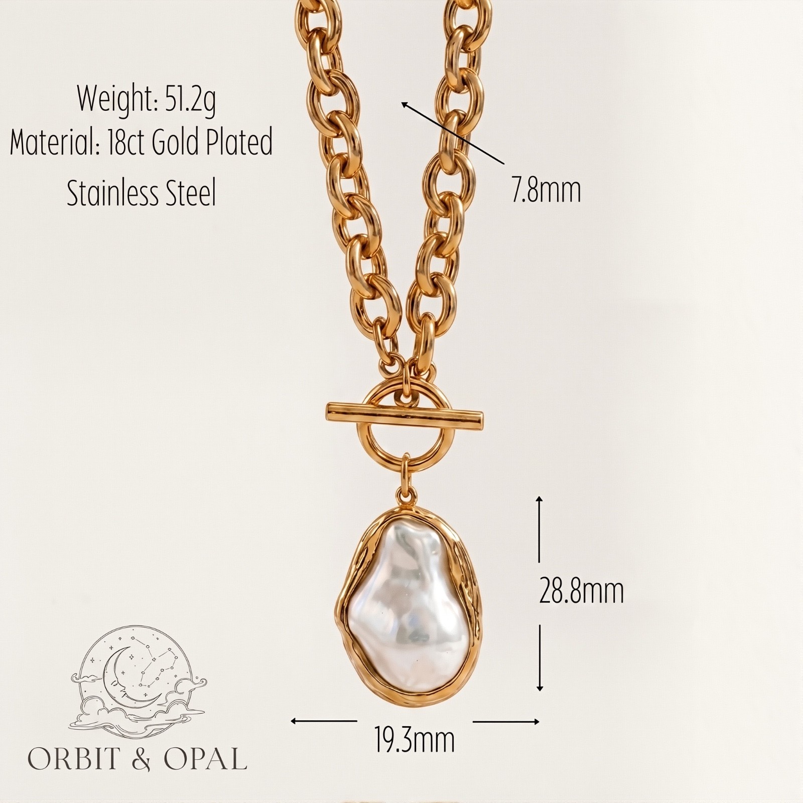 Gold Pearl Necklace Chunky Statement Baroque Pearl T Bar Clasp 18K Gold Plated