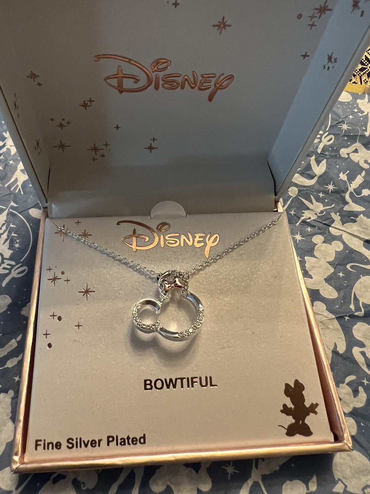 DISNEY MINNIE MOUSE FINE SILVER PLATED CRYSTAL RHINESTONE NECKLACE I LOVE MICKEY