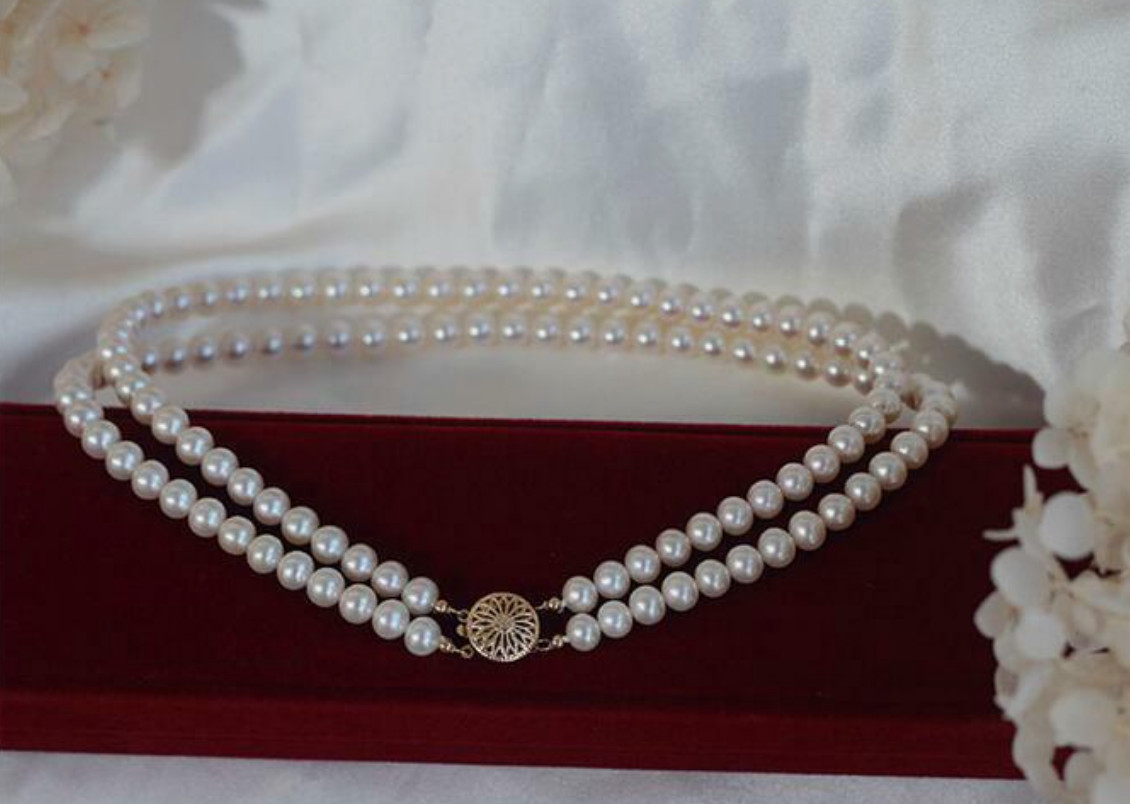 Two Strands 6-7mm AAA++ Real natural Akoya White pearl necklace 14k Gold 16-17″