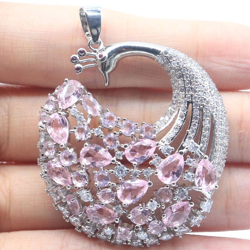 Multi Color Peacock Big Tourmaline Citrine Blue Topaz Kunzite CZ Silver Pendant