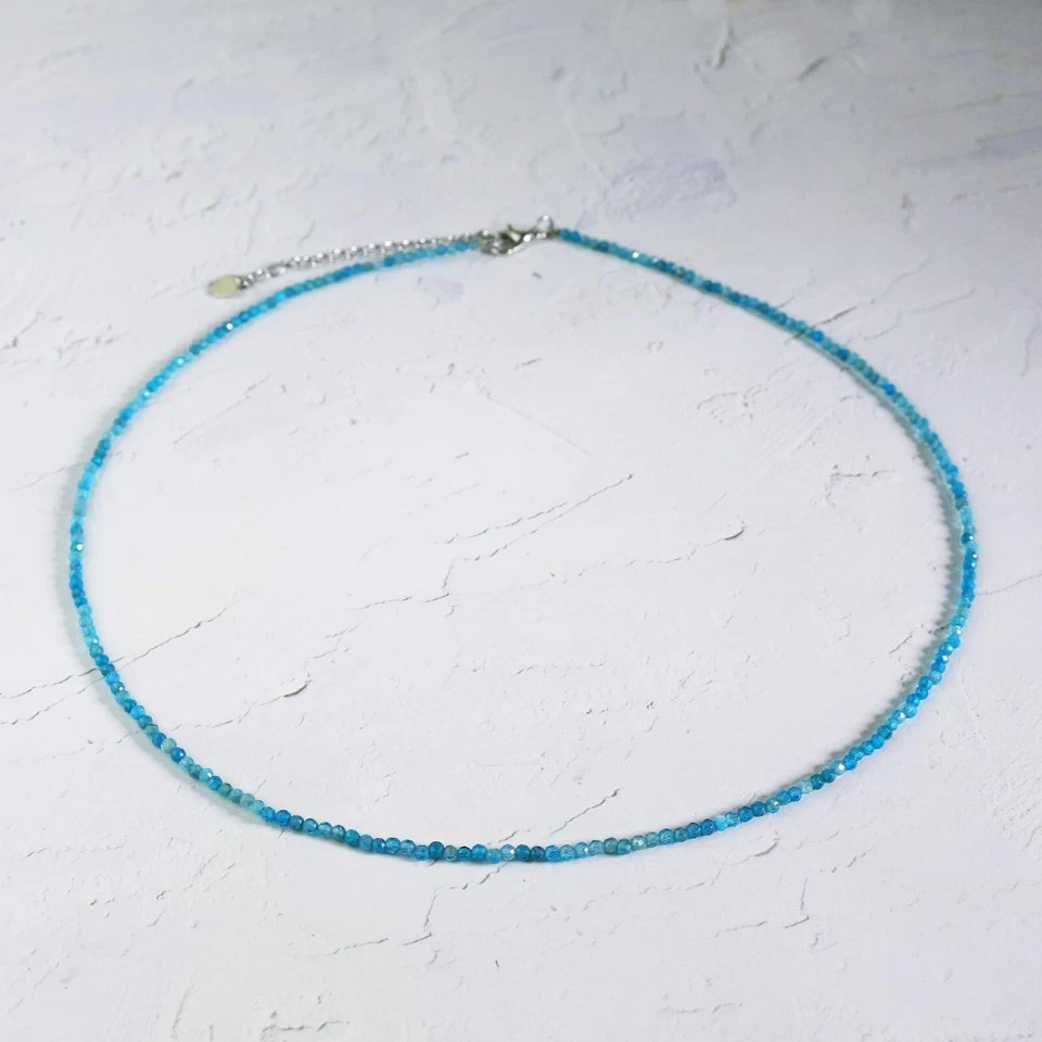 2mm Blue Apatite Choker Necklace Dainty Crystal Beaded Minimalist Gift for Her