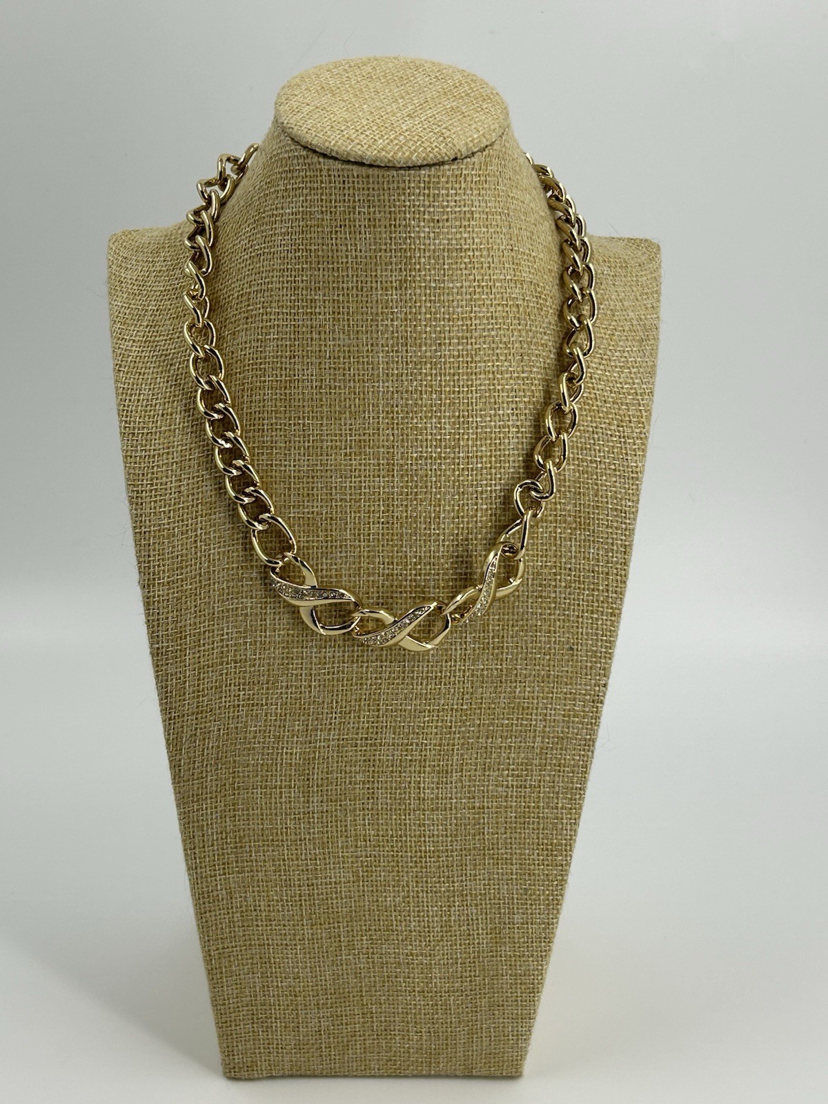 SAQ Gold Tone Chain Link Choker Necklace Womens Eternity Rhinestones 17-20″