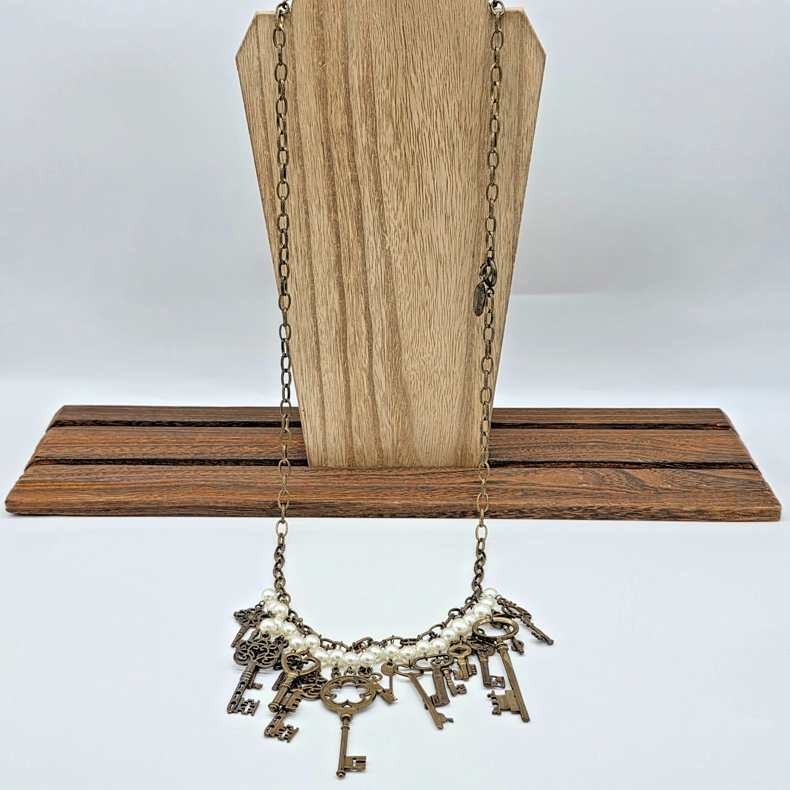 Plunder QUINCY Antique Bronze Fringe Necklace Pearls Brass Skeleton Keys 36”