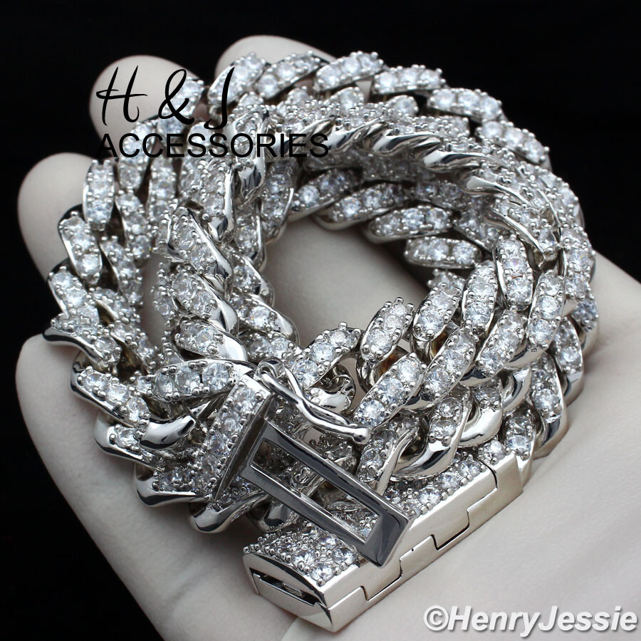 MEN 14K WHITE GOLD PLATED 18″-24″X12MM CZ PRONG SET CURB CHAIN NECKLACE*ABN5