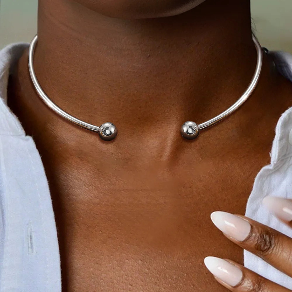 Women’s Stainless Steel Solid Ball Necklace Punk Silver Adjustable Jewelry