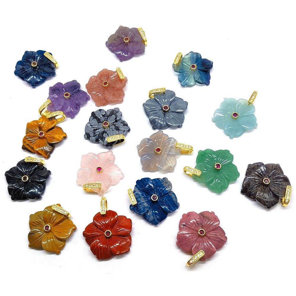 28mm Peach Blossom Flowers Shape Zircon Beads Pendant Natural Stone Crystal Gift