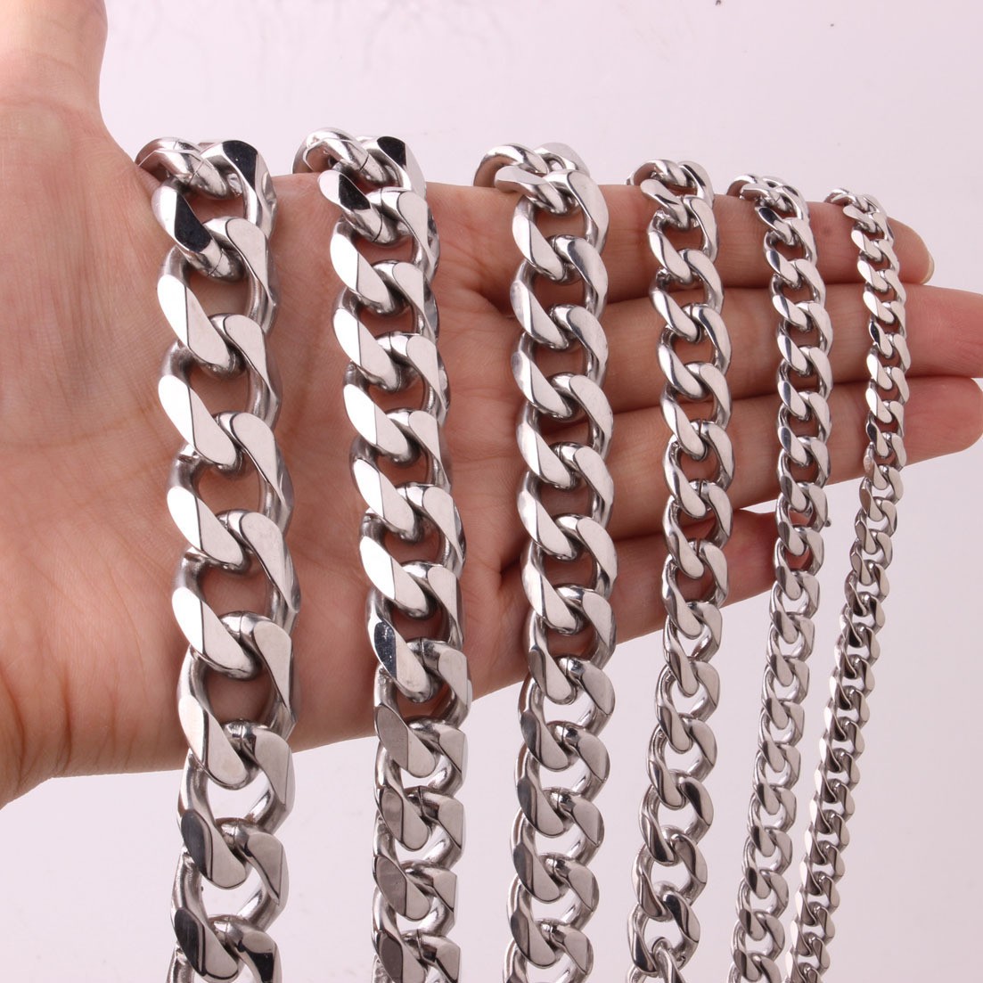 16-36″ Stainless Steel Silver Curb Cuban Chain Necklace Bracelet 3/5/7/9/11/13mm
