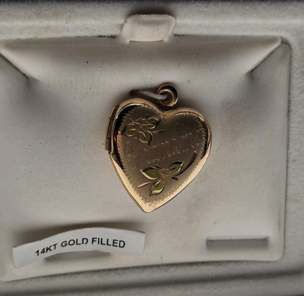 Vintage 14K GF Gold Filled Heart Locket Pendant “Grandma” Floral Engraved W/Box