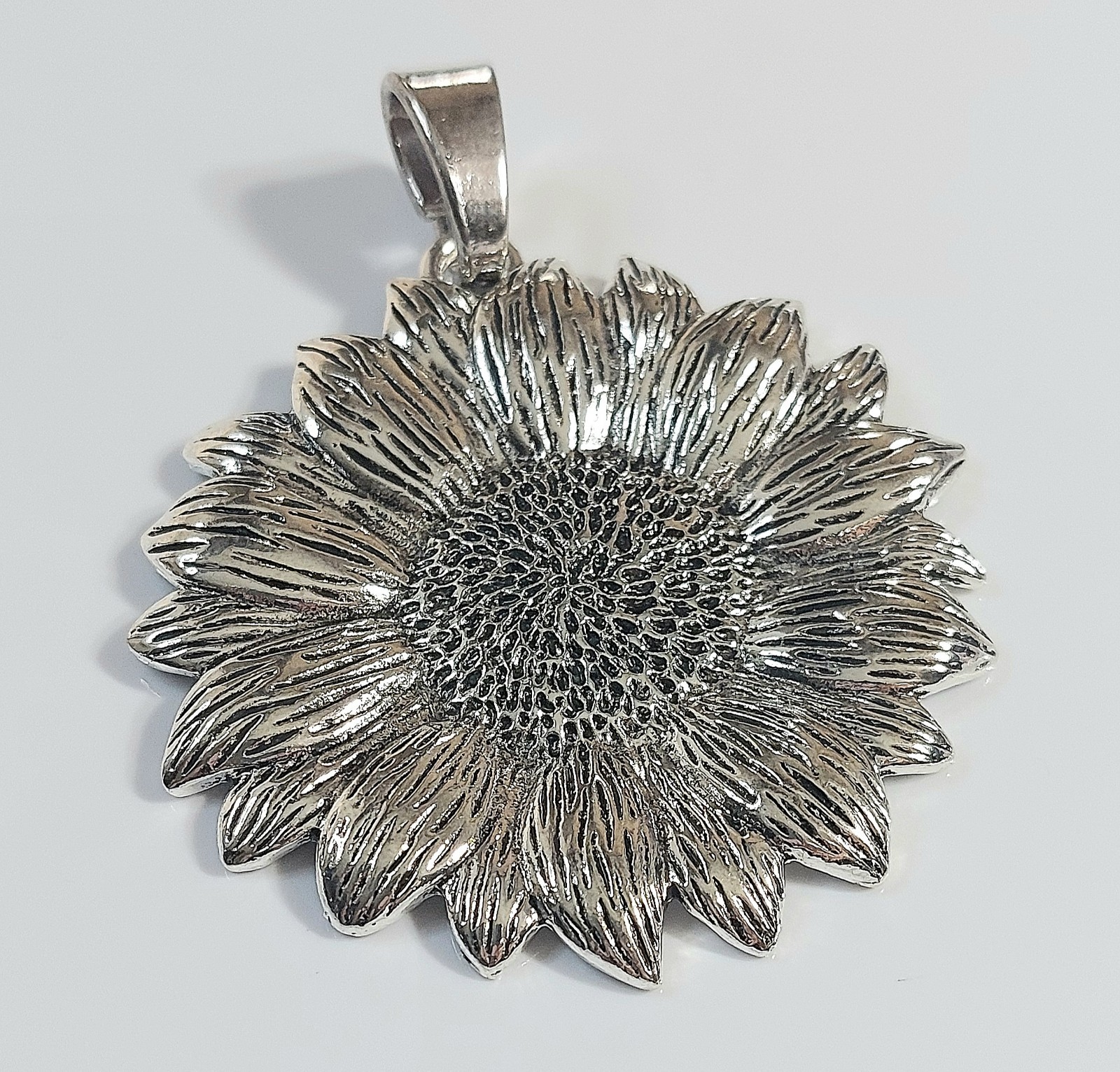 Large silver sunflower necklace pendant