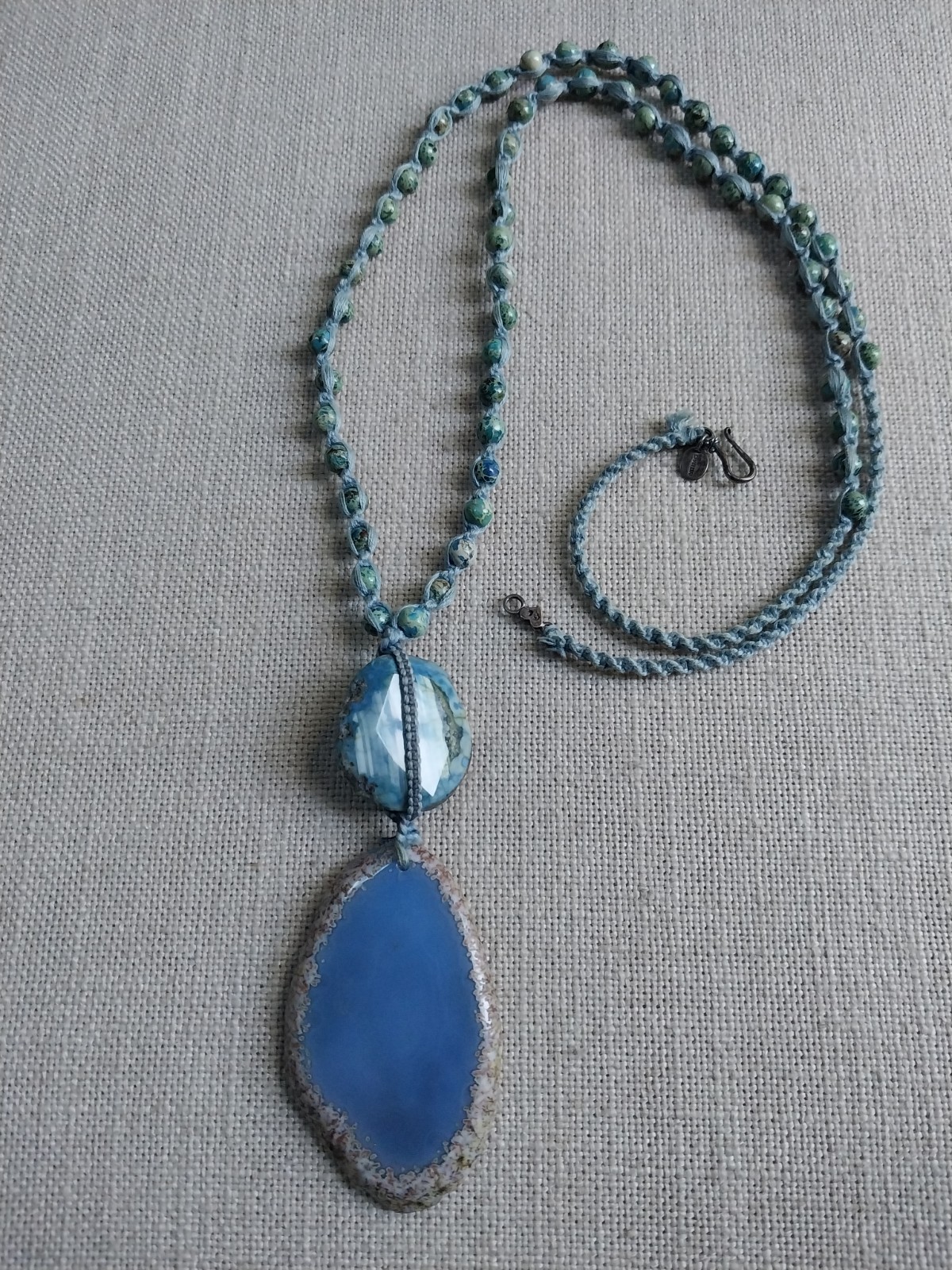 CHAN LUU Necklace Blue Agate Stone With Sliced Pendant And Sterling Clasp