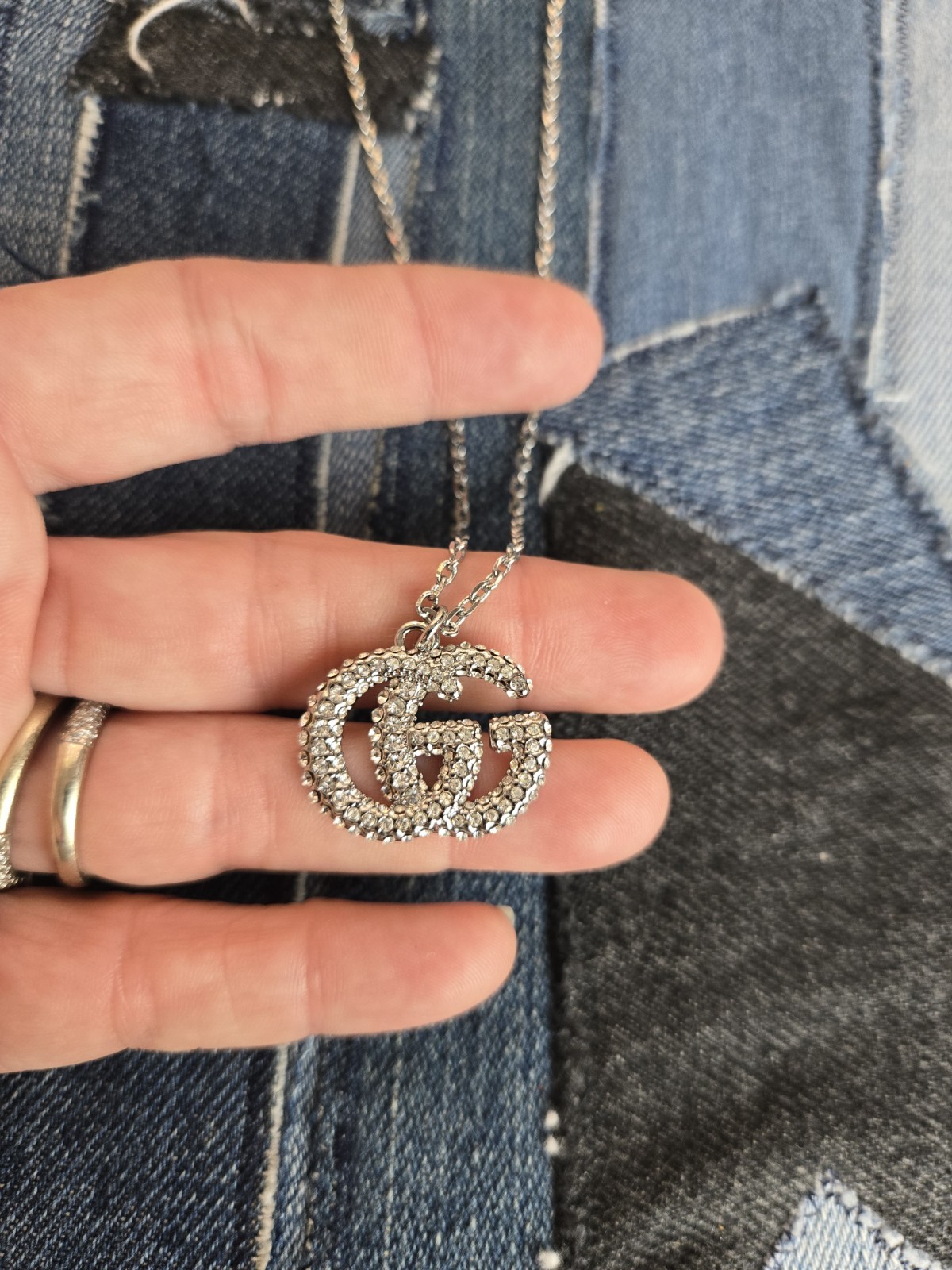 Silver Designer Rhinestone Charm Necklace 19″