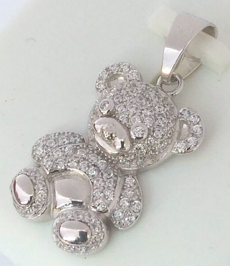 925 Sterling Silver Pendant Iced Teddy Bear cubic zirconia CZ’s MEDIUM 26X12MM