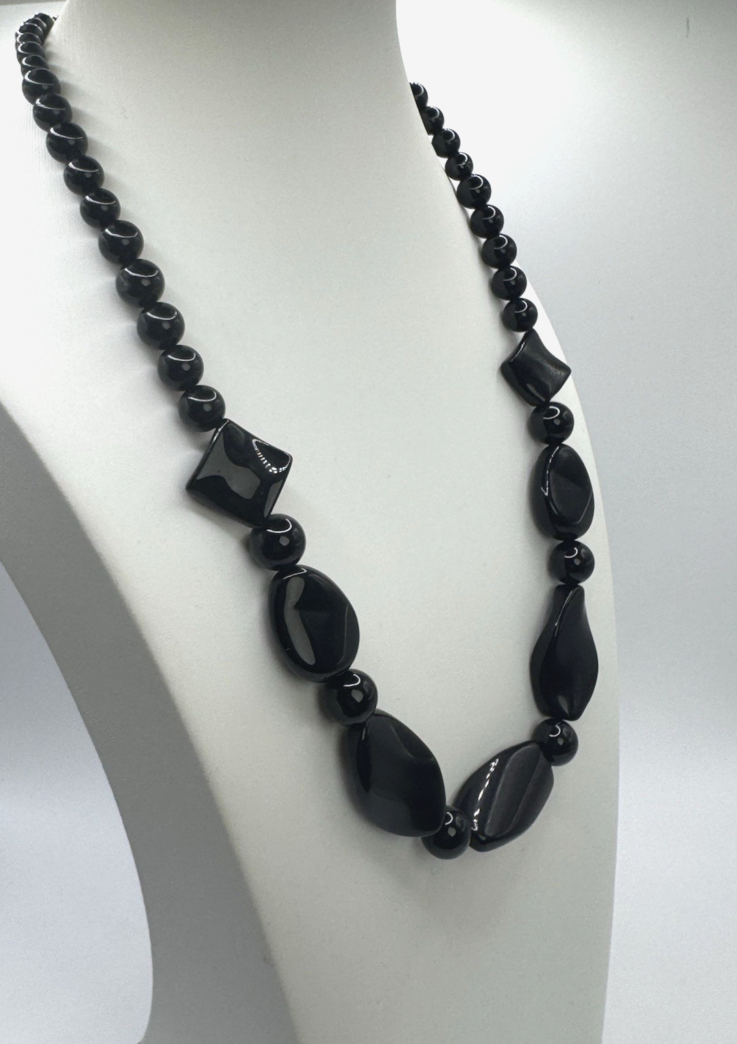 Obsidian and Black Agate 20 in Platinum Plated Clasp Boho Bead Necklace 4-18MM