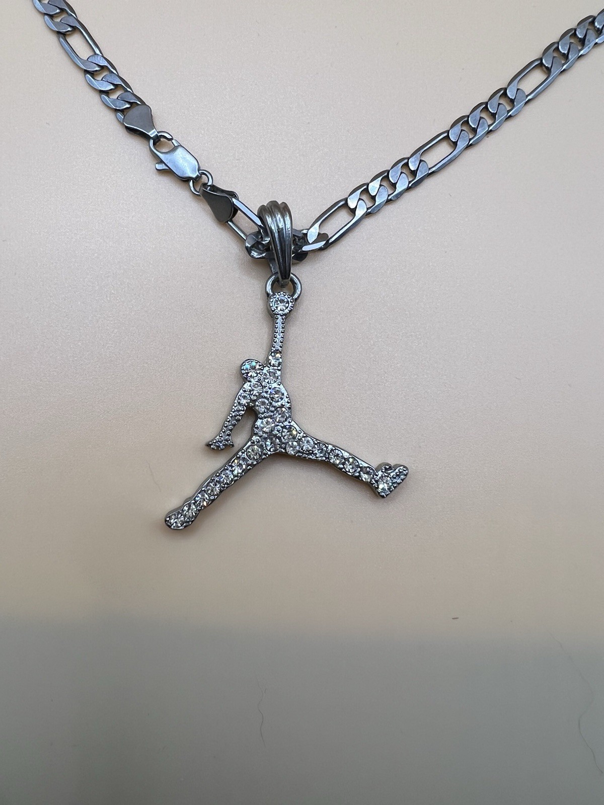Silver Tone Stainless Steel Figaro Chain Necklace, Clear CZ Sports Charm Pendant