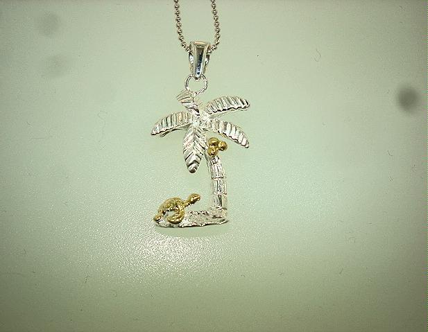 15mm Yellow Gold Plated 925 Silver Hawaiian Coconut Palm Tree Turtle Pendant
