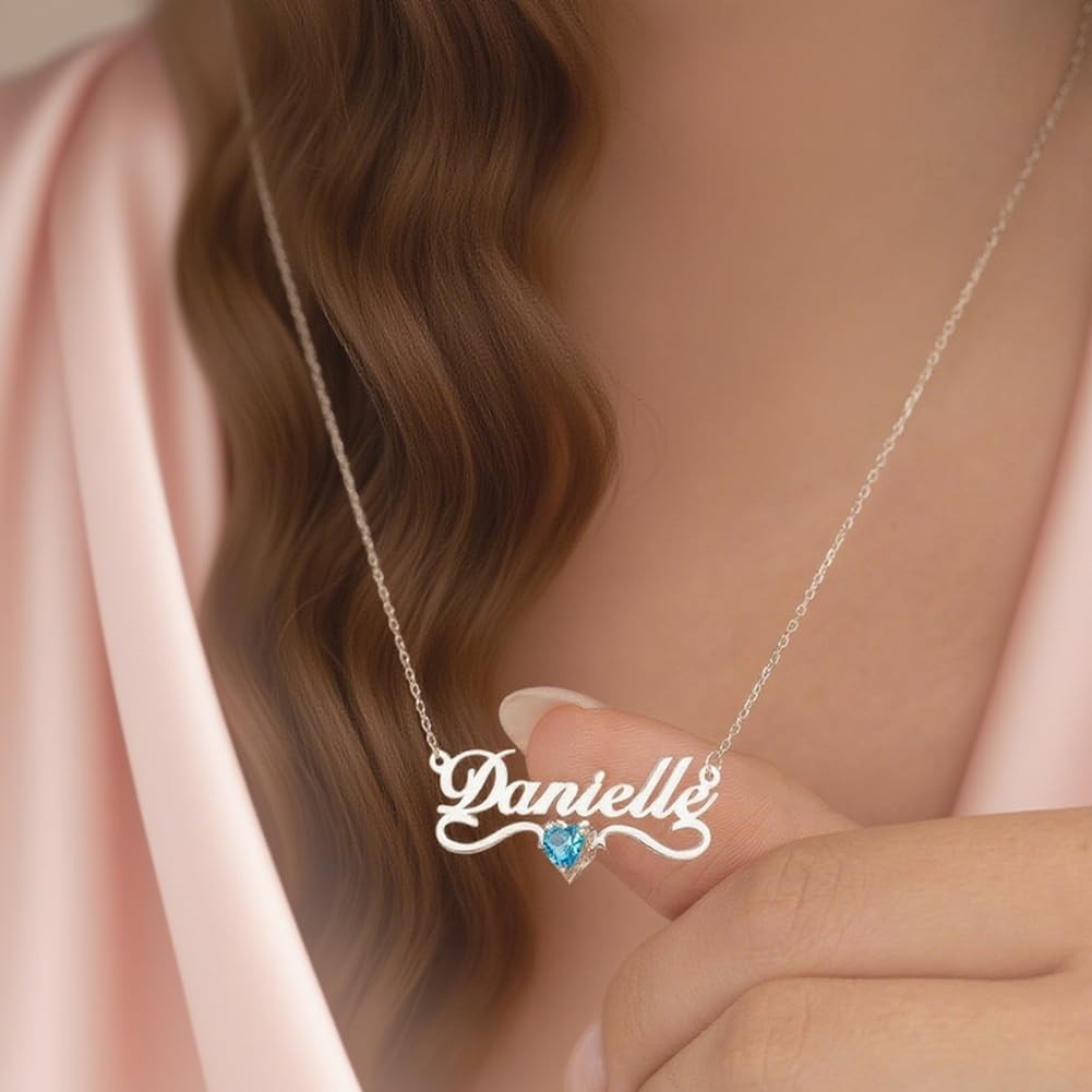Personalized Birthstone Heart Name Necklace for Women Custom Made Any Names