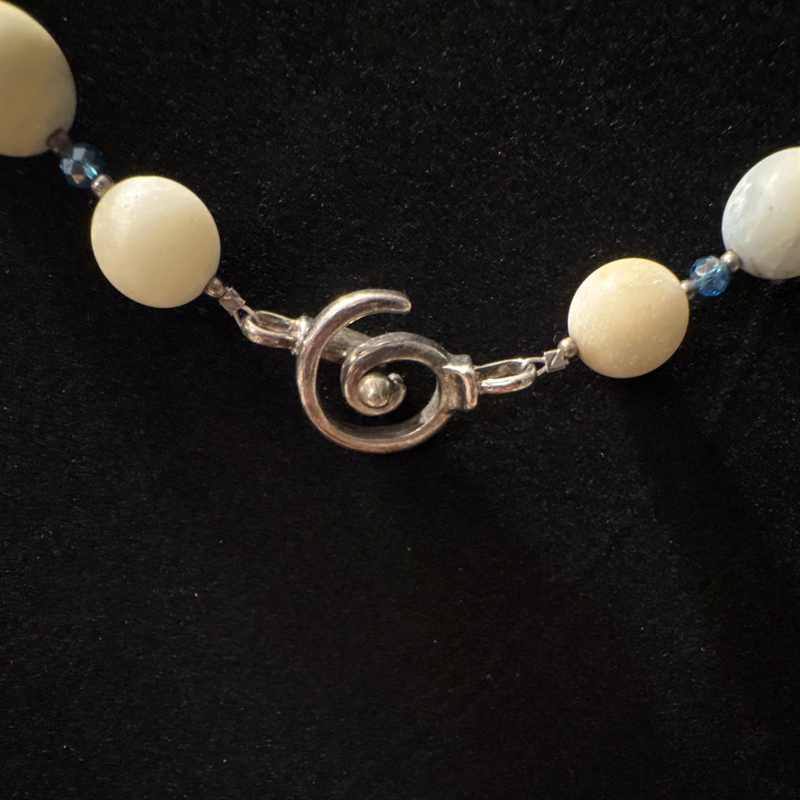 Handmade Blue/White Glass & Stone Beaded Necklace 20 in Ball/Bead Toggle