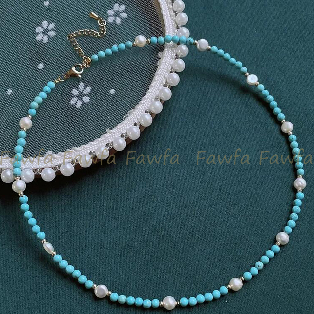 4mm Natural Turquoise Round Gems Beads 6-7mm White Baroque Pearl Necklace 14-36″