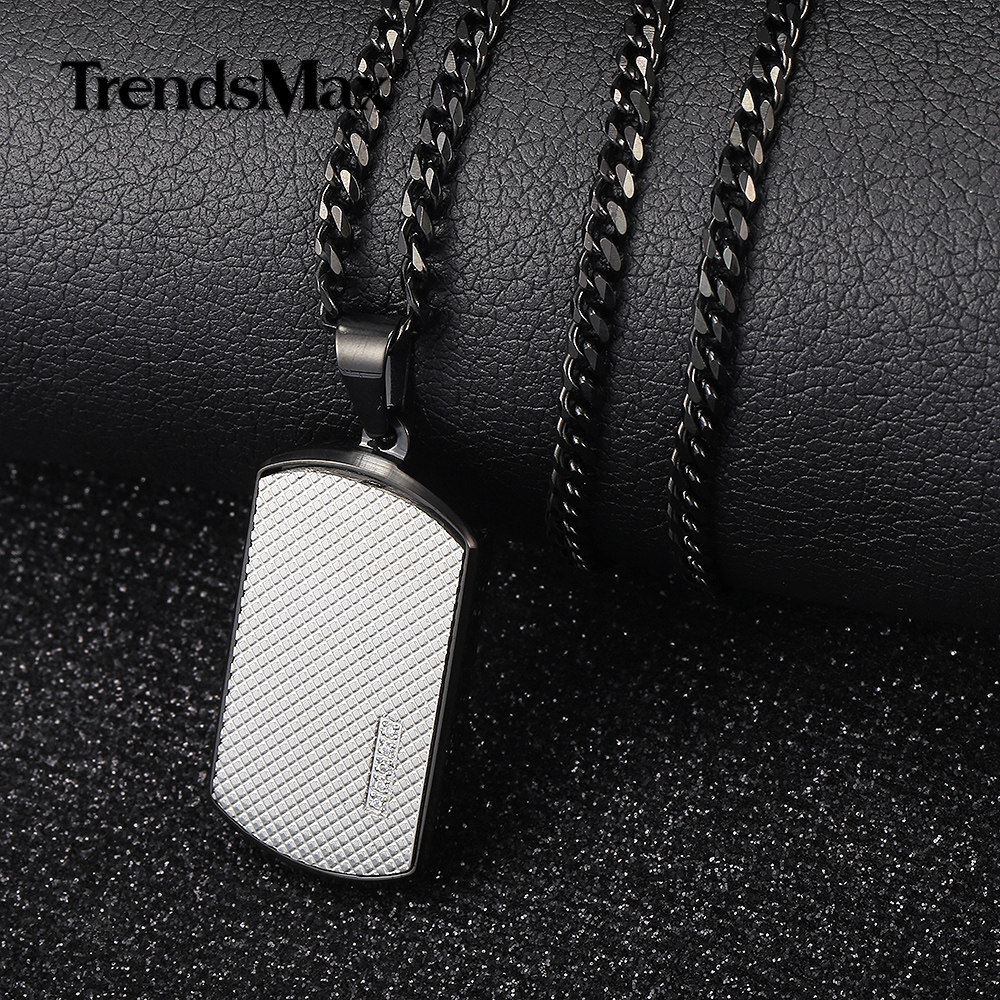 Silver Black Stainless Steel Dog Tag Pendant Charm Military Jewelry Grid Design