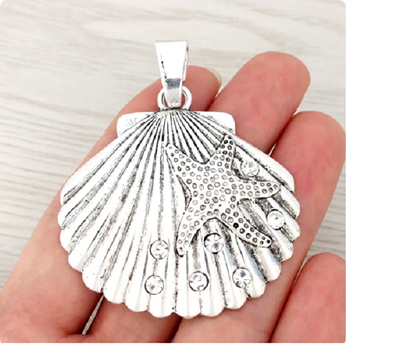 LARGE SEA SCALLOP SEASHELL STARFISH Cz Pendant 20″ 925 Sterling Silver Necklace