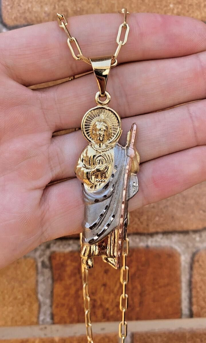 San Judas Necklace 20″ Paper Clip Chain 14K Gold Filled Jewelry Religious Adults