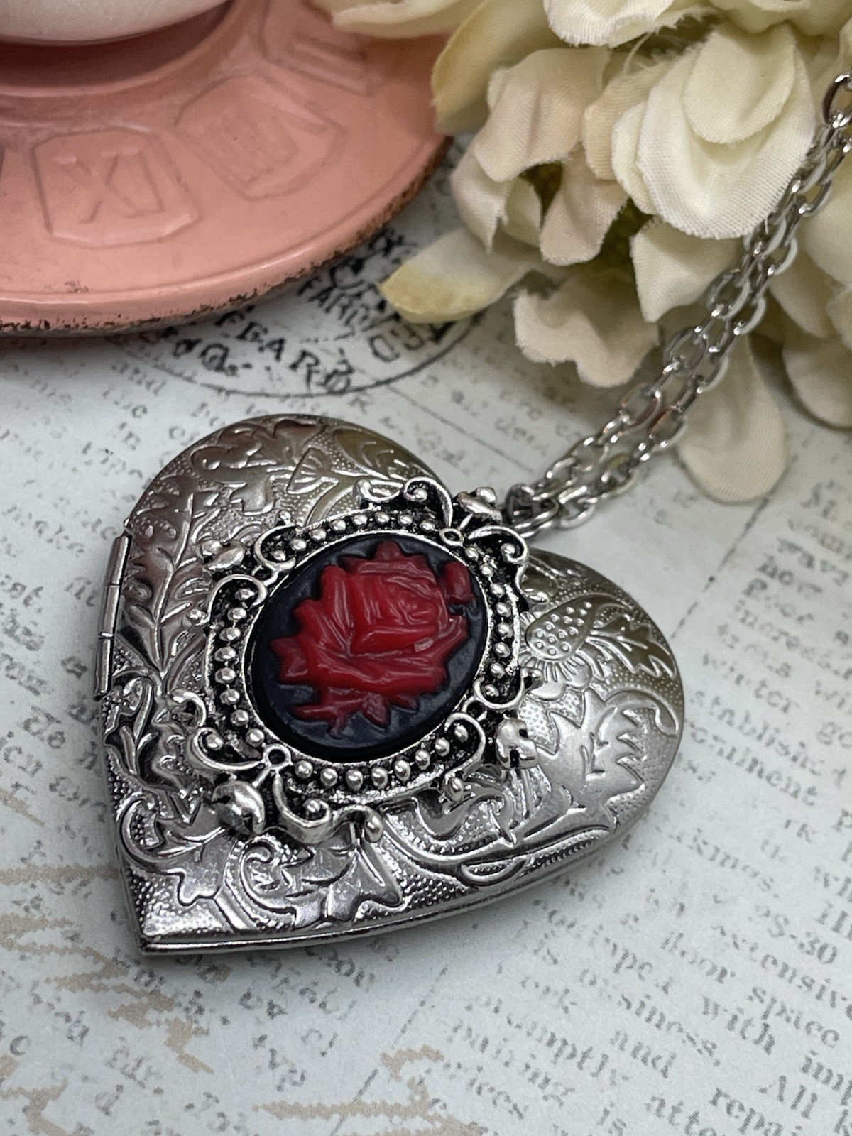 Heart Silver Black Red Locket Rose Gothic Necklace Photo Bride bridal wedding