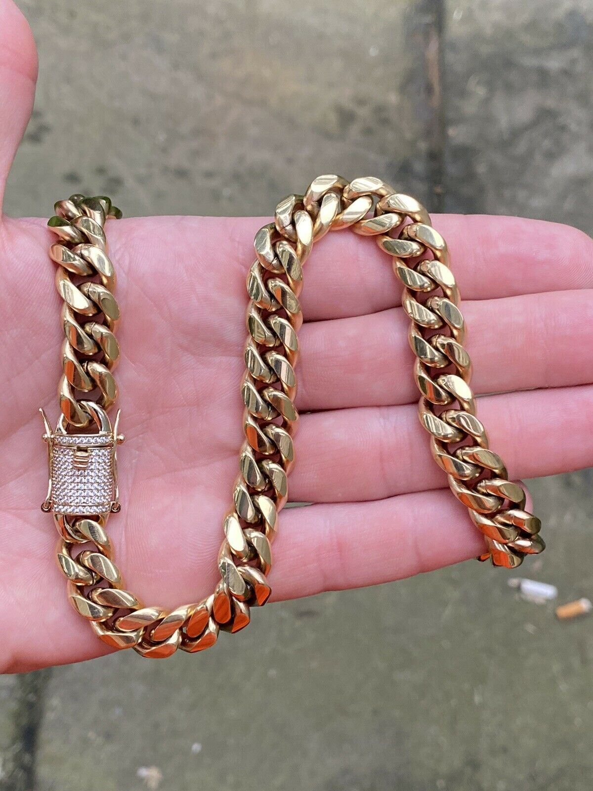 Mens Miami Cuban Chain 14k Gold Plated SS Choker Simulated Diamond Box Lock 18″