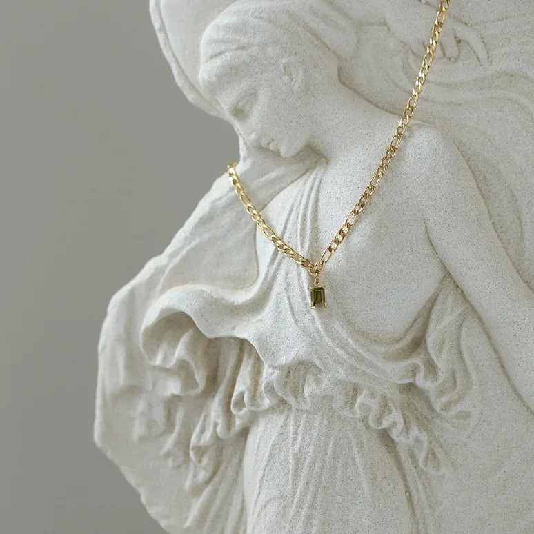 Gold Green Crystal Pendant Necklace Women CZ Emerald Cut Chain