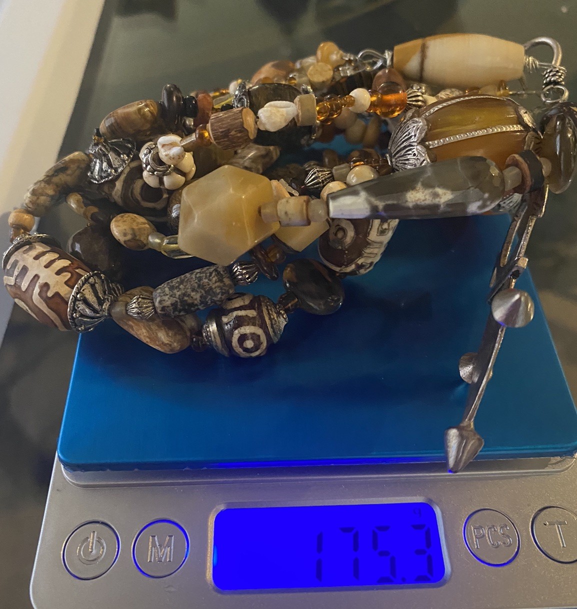 Global Trade Bead Necklace Amber Gemstone DZI Shell Glass Tuareg Cross Pendant