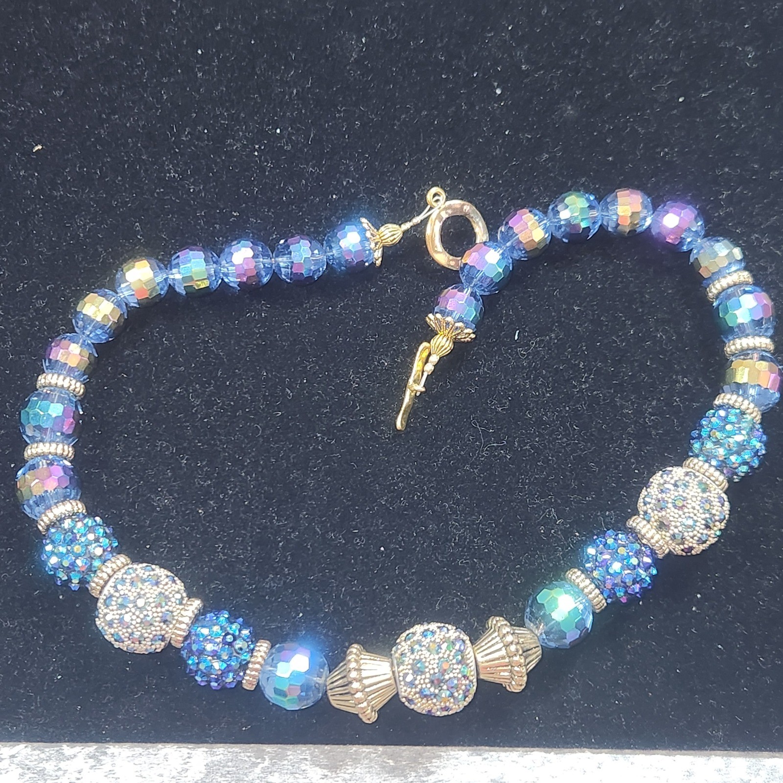 Blue Aurora Borealis Crystal Bead Necklace Gold Tone Pave Disco Ball 16 Inch