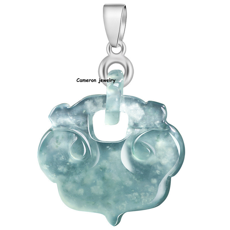 Real Grade A 100% Natural Blue Jade Jadeite Women Lucky Ruyi Lock Pendant