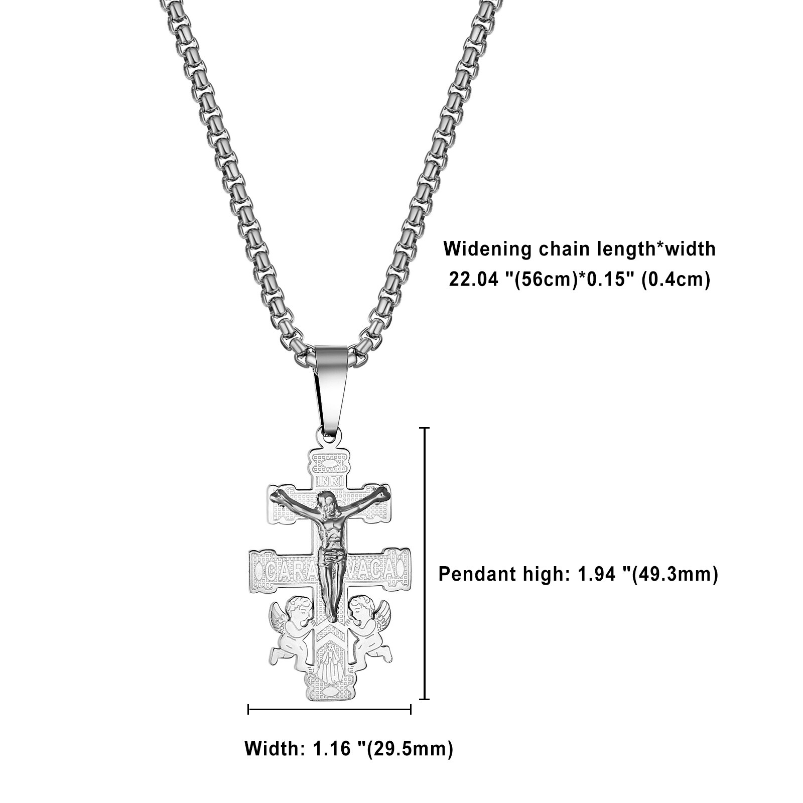 Mens Boys Stainless Steel Caravaca Double Cross Angels Crucifix Pendant Necklace