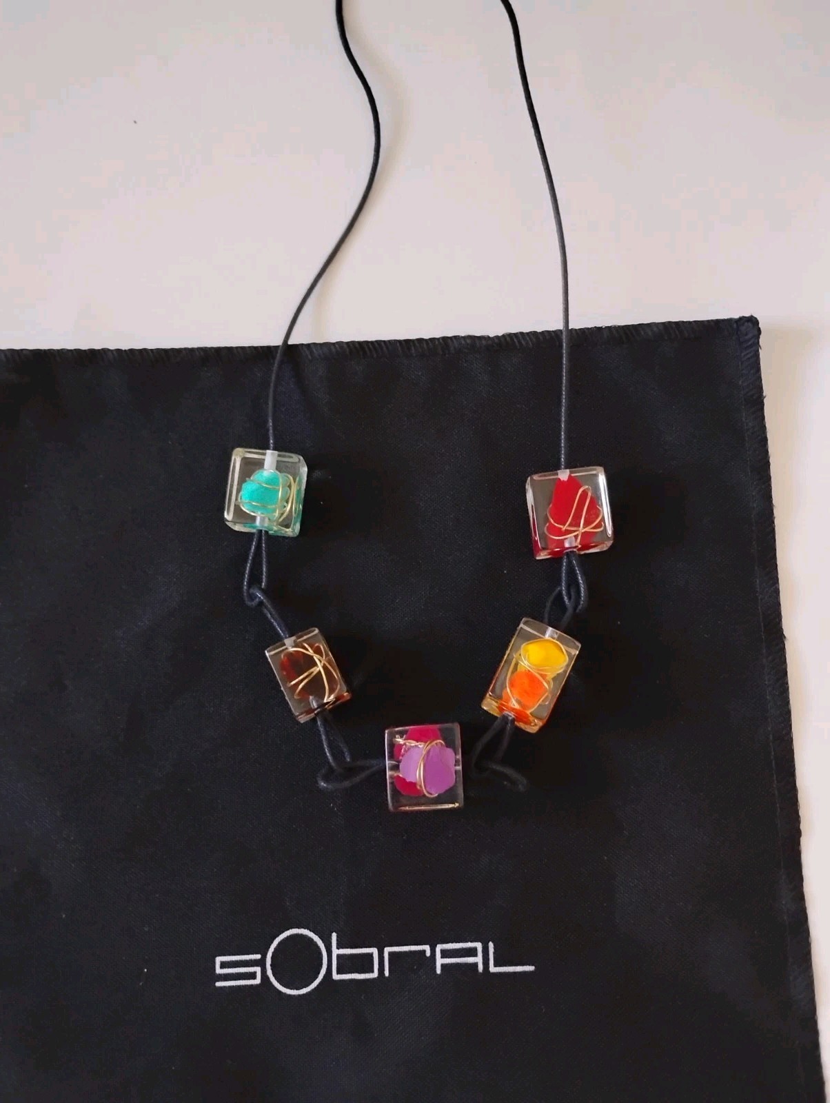 Sobral Jackie Brazil Resin Cubes Colorful Gold Wire Wrapped Inclusions Necklace