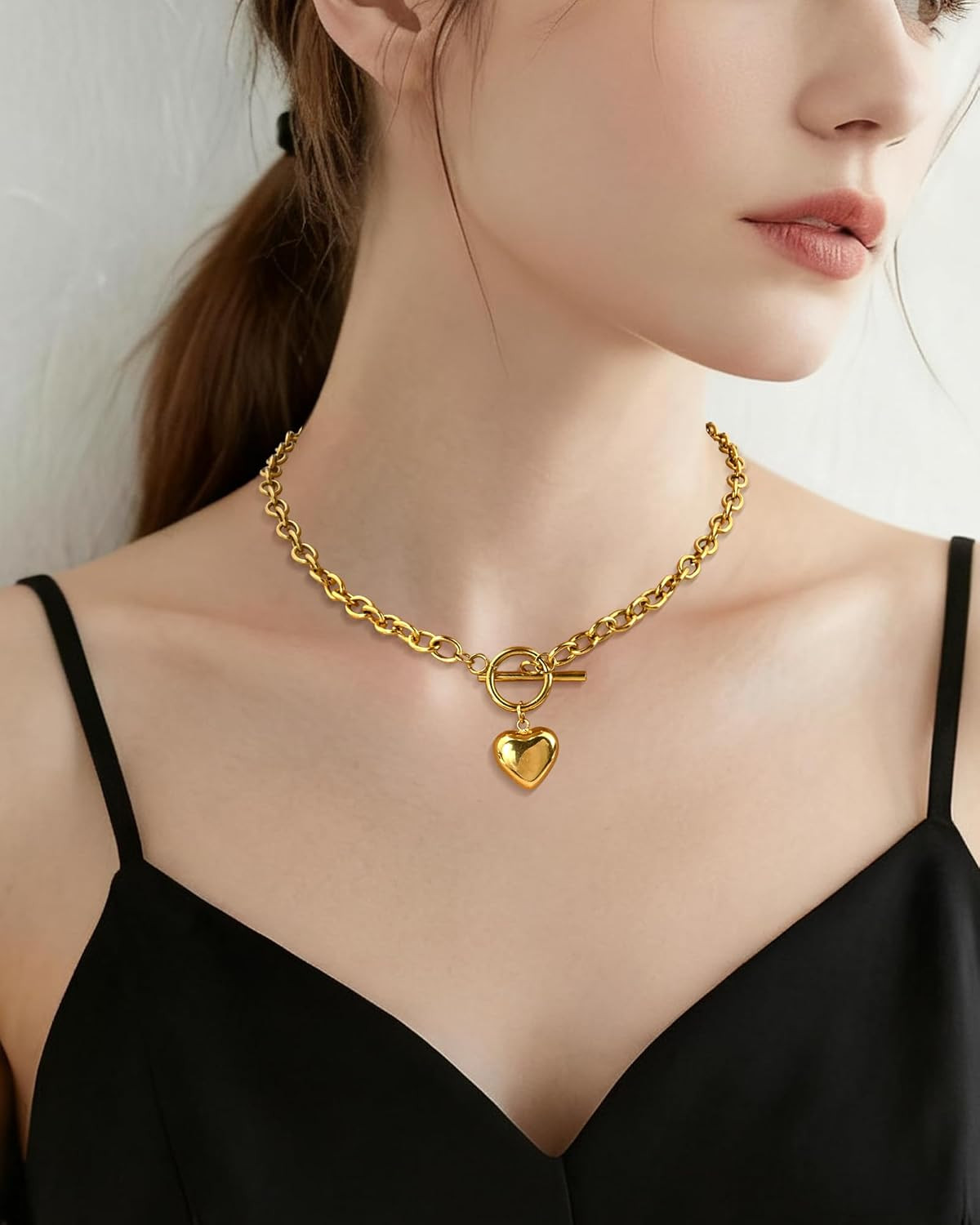 14K Gold Plated Heart Pendant Necklace for Women Trendy Chunky Link Chain Toggle