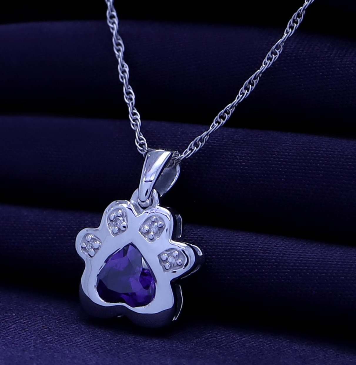 Accent Paw Print Pendant 18″Necklace Simulated Birthstone 925 White Gold Plated