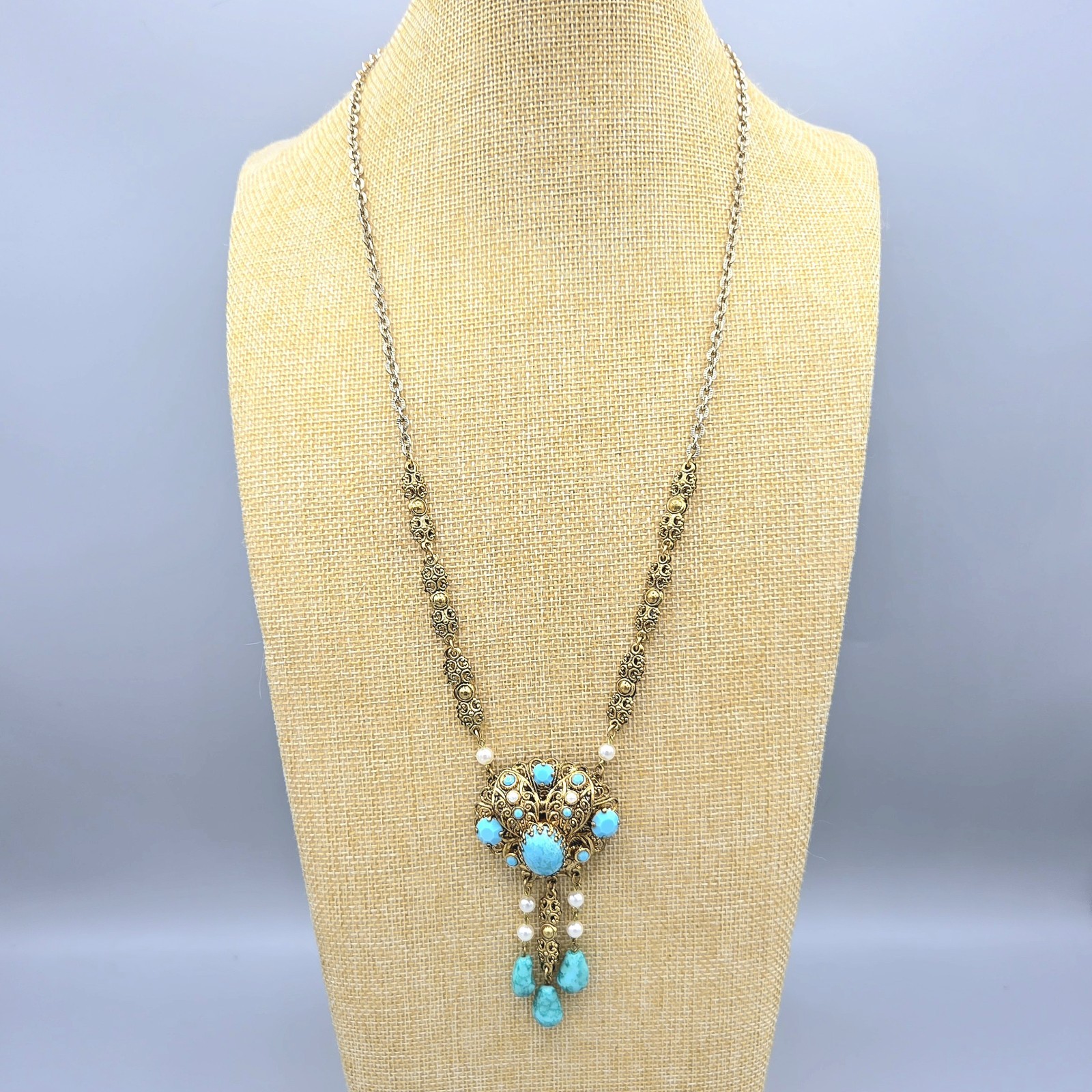 WEST GERMANY Turquoise Mottled Art Glass Drop Faux Pearl Sautoir Necklace 26″