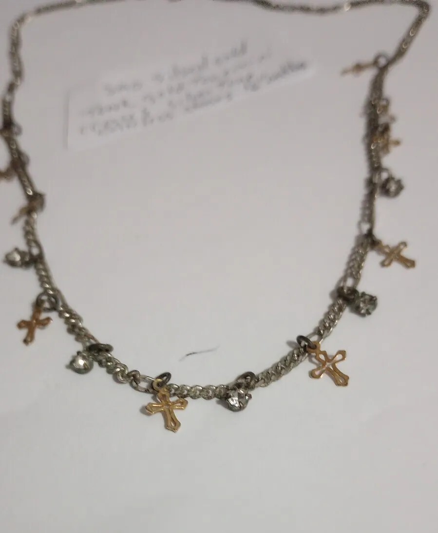 SAO Silver/Gold Tone Small Dangling Crosses And Colorless Stoned 16″necklacr