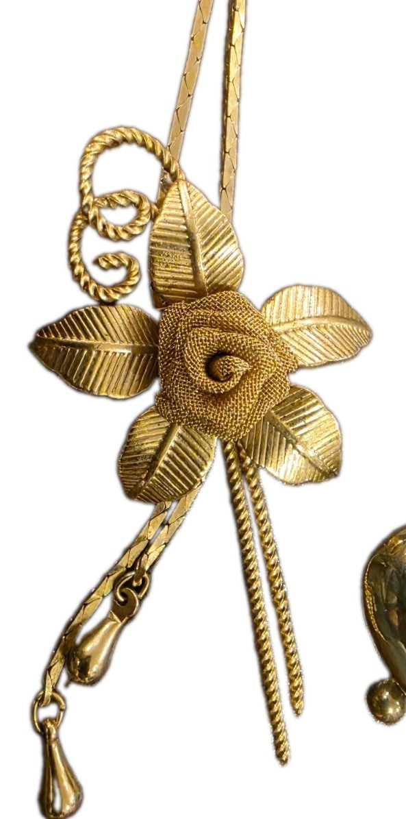 lot of gold tone anklet and 2 vintage Bolo ties, one flower and one heart