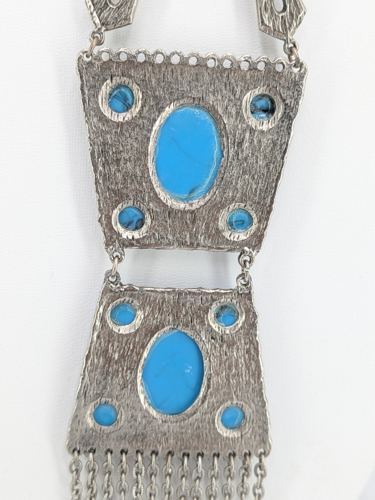 Vintage Fringe Pendant Necklace Faux Turquoise Silver Tone SW Boho 29in Tribal