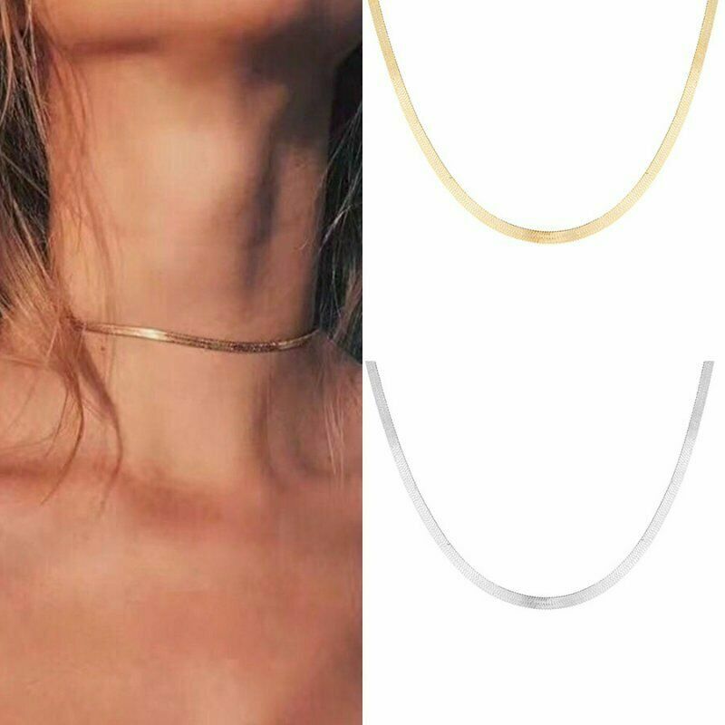 Women Stainless Steel Necklace 3mm Herringbone Clavicle Flat Chain 16-18″ PE46