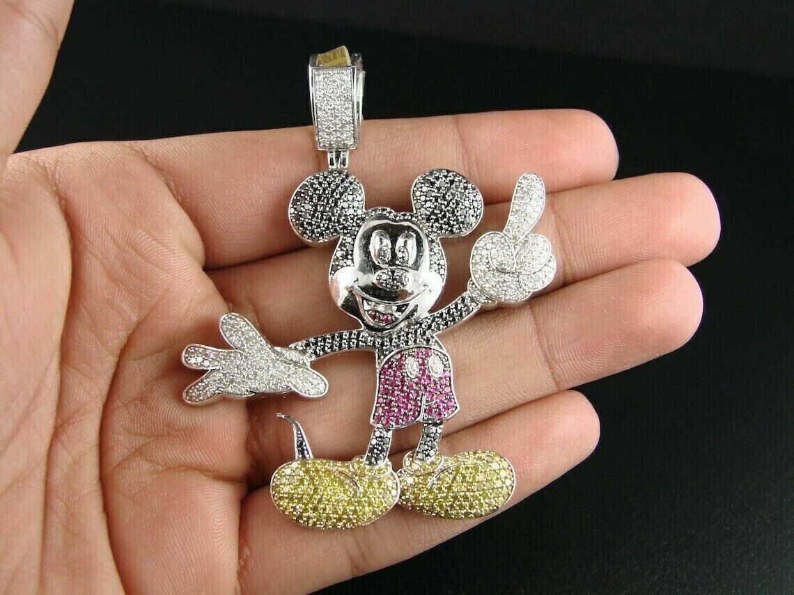 4Ct Round Cut Lab Created Trio Diamond Mickey Mouse Pendant 14KWhite Gold Plated